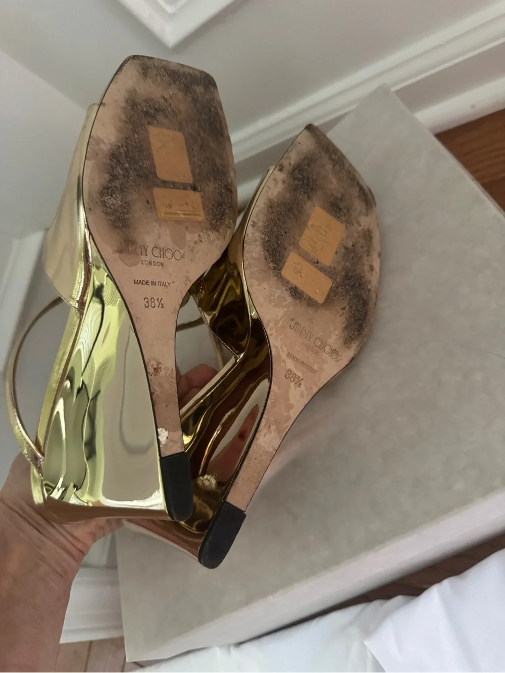 Jimmy Choo Gold Anise Liquid Metal Wedge Sandals 38.5
